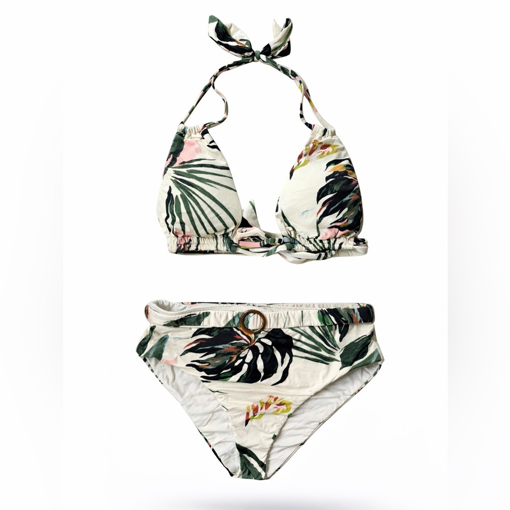 BCBGMaxAzria Tropical Print Bikini Set Womens Size 8 Halter Tie Palm Swimwear